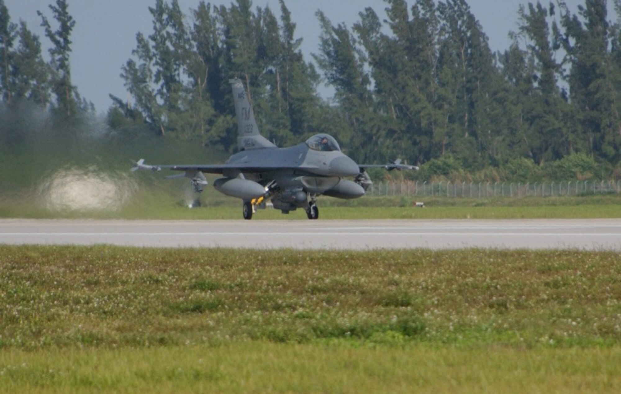 An F-16 fighter jet assigned to the 93rd Fighter Squadron at Homestead Air Reserve Base takes off on a training mission. Homestead pilots, maintainers and support personnel have volunteered to temporarily support “Operation Noble Eagle” in addition to training for combat operations. The reservists are pulling the alert mission temporarily in lieu of a detachment of Florida Air National Guardsmen based out of the 125th Fighter Wing, Jacksonville, Fla. The Guardsmen are normally assigned to the mission and fly and maintain F-15A fighter jets from Homestead ARB, but the entire Air Force fleet of about 670 F-15A through F-15D model fighter jets was grounded due to precautionary testing for airworthiness problems on Nov. 2. (U.S. Air Force photo)