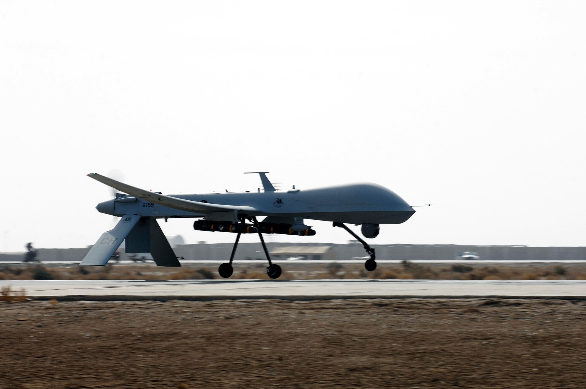 An Air Force MQ-1B Predator from the 361st Expeditionary Reconnaissance Squadron takes off from Ali Base, Iraq, in support of Operation Iraqi Freedom. The Predator is a medium-altitude, long-endurance, remotely piloted aircraft capable of conducting armed reconnaissance. (U.S. Air Force photo/Airman 1st Class Jonathan Snyder)