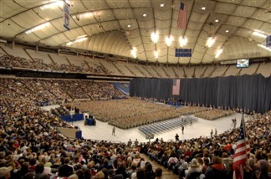 Troops and family members fill the RCA Dome in Indianapolis, Jan. 2, 2008, during the 76th Infantry Brigade Combat Teams departure ceremony. More than 3,400 Indiana National Guard soldiers from about 30 Indiana communities are scheduled to deploy to Iraq for 12 months. It will be the largest Indiana National Guard deployment since World War II. 