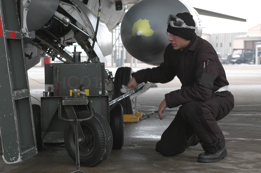 Airman 1st Class William Campenni, a crew chief with the 34th Aircraft Maintenance Unit, conducts a full inspection of the F-16 between flights.  The 388th Aircraft Maintenance Squadron is the wing's largest squadron, made up of over 900 Airmen.  In November 2007, Air Combat Command awarded the unit its Mid-sized Maintenance Unit of the Year award. (Photo by 1st Lt. Beth Woodward)