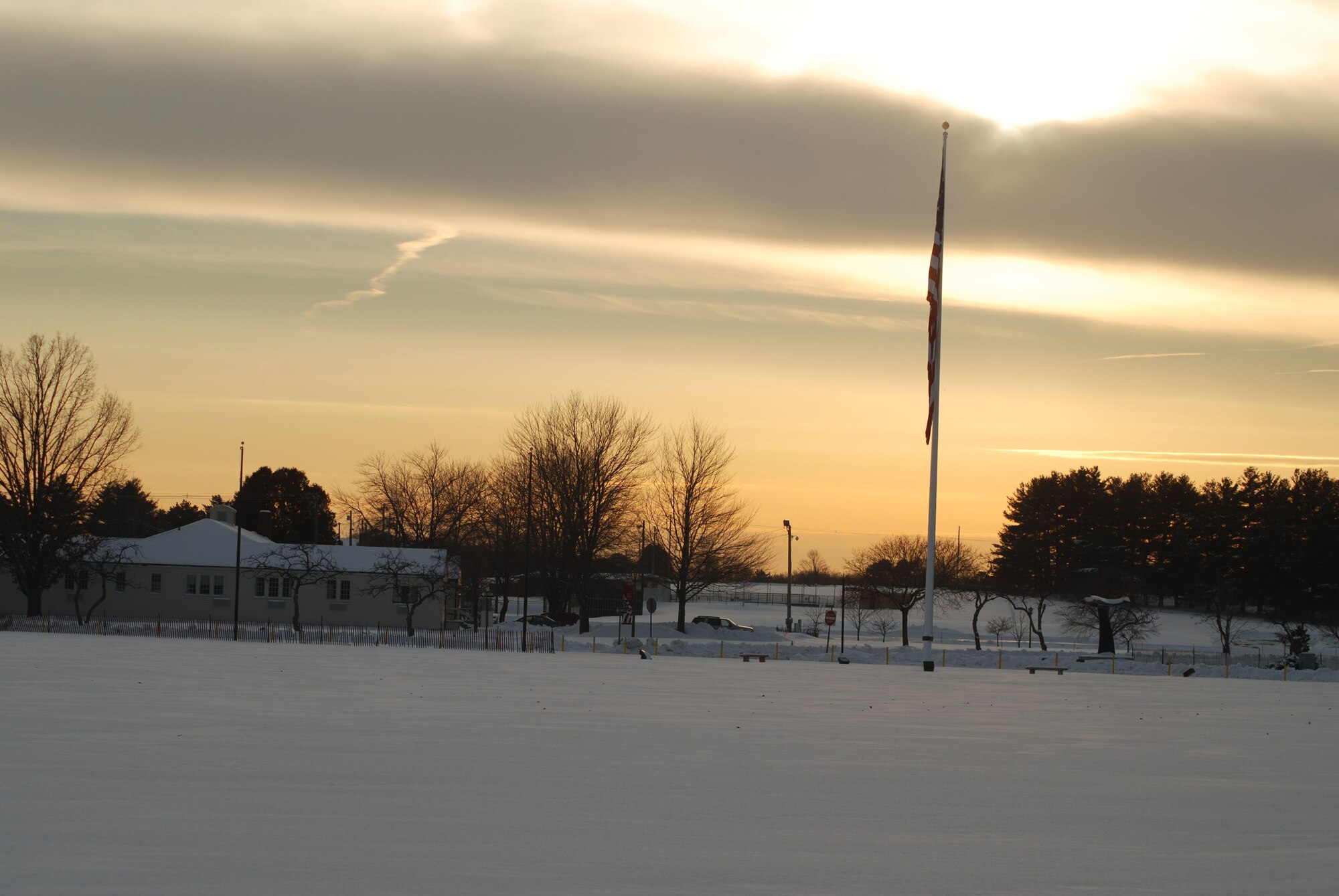 The sun sets over Westover Air Reserve Base, Mass., Jan. 4. Westover is the home of the 439th Airlift Wing, which flies the C-5 Galaxy. (US Air Force photo/Tech. Sgt. Andrew Biscoe)