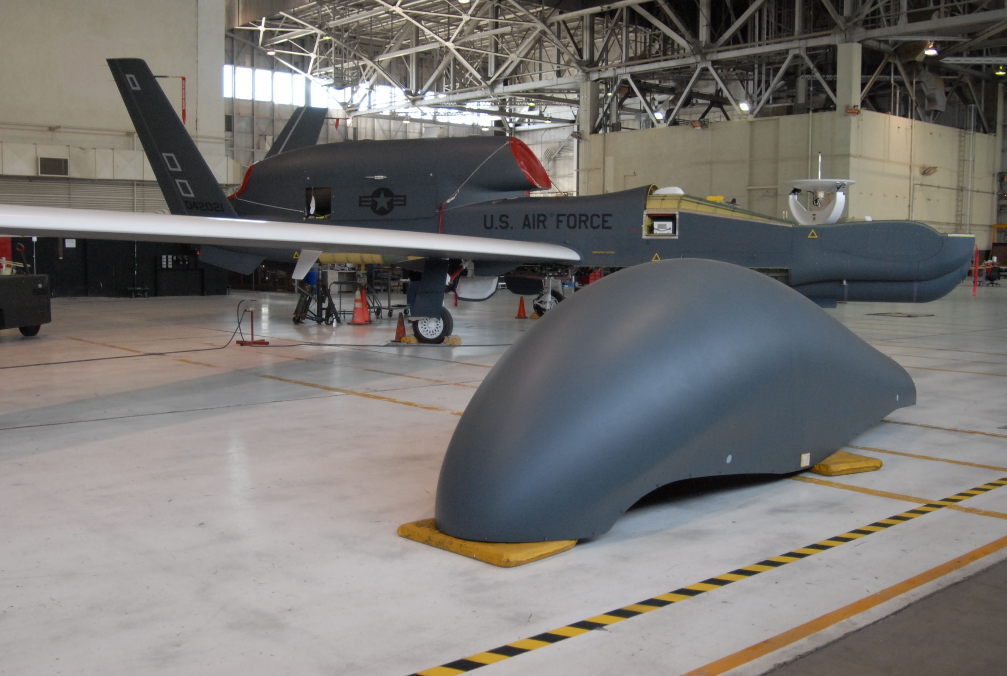 The RQ-4 Global Hawk Block 30 carries the Airborne Signals Intelligence Payload which will increase battlefield signal collection capabilities. The 452nd Flight Test Squadron is scheduled to begin developmental flight tests on the aircraft in February. (Photo by Senior Airman Julius Delos Reyes)