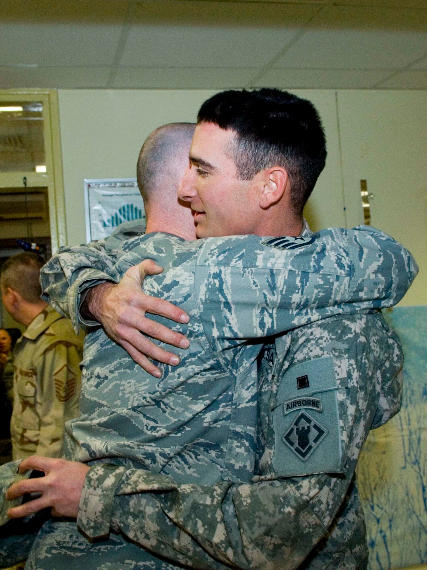 BALAD AIR BASE, Iraq -- Staff Sgt. Brad Boatman, right, and his brother Army Sgt. Matt Boatman, greet each other here, Jan.  The brothers have not seen one another in three years. Sergeant Brad Boatman, who is deployed from Fairchild Air Force Base, Wash., is a 332nd Expeditionary Operations Support Squadron weather forecaster.  His younger brother, who is deployed from Fort Campbell, Ky., is a 326th Combat Engineers noncommissioned officer in charge of a gun truck.  The brothers are both from Amarillo, Texas. (U.S. Air Force photo/Staff Sgt. Travis Edwards)