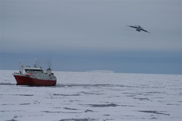 After successfully airdropping critical engine parts to the stranded British fishing vessel, Argos Georgia Jan. 4, a C-17 Globemaster III heads for Christchurch, New Zealand.  In an 11-hour mission, the C-17 and crew launched from Christchurch and airdropped much-needed parts and supplies abeam the Argos Georgia.   The aircraft and the aircrews and support personnel from the 62nd Airlift Wing and 446th AW at McChord Air Force Base, Wash., are currently deployed to Christchurch to support the 13th Air Force-led Joint Task Force-Support Forces Antarctica, Operation Deep Freeze.  (Courtesy photo from Argos Georgia Limited.)