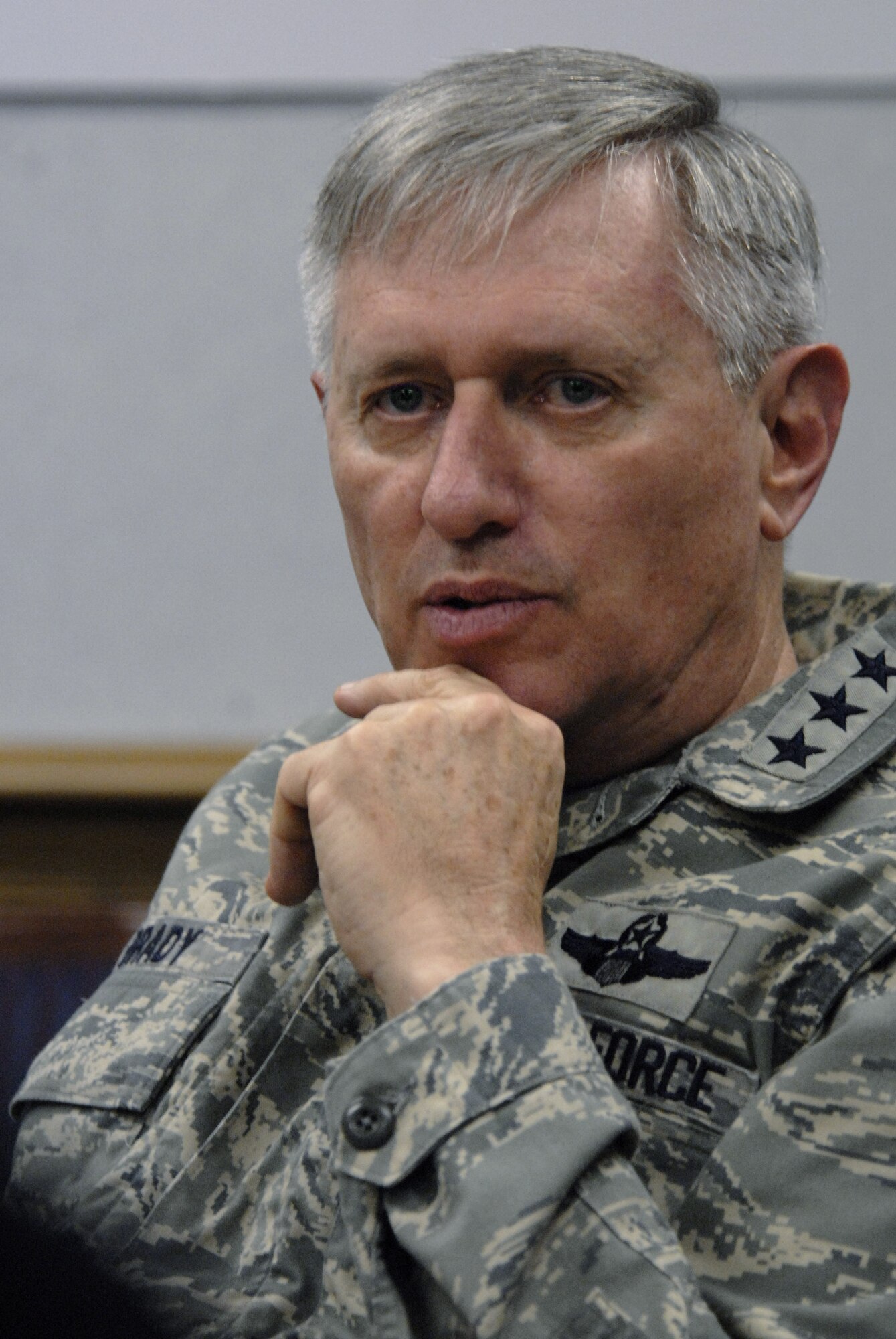 Lt. Gen. Roger A. Brady expresses his thoughts on the challenges and successes of Air Force manpower, personnel and services during his tenure as senior officer in charge from June 2004 to January 2008. General Brady is now headed to Ramstein Air Base, Germany, where he will serve as commander of U.S. Air Forces in Europe. (U.S. Air Force photo/Tech. Sgt. Cohen Young)