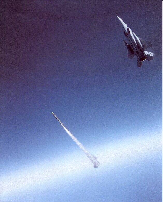 Maj. Wilbert "Doug" Pearson successfully launched an anti-satellite, or ASAT, missile from a highly modified F-15A Sept. 13, 1985 over Edwards Air Force Base, Calif. He scored a direct hit on a satellite orbiting 340 miles overhead. (Courtesy photo illustration)