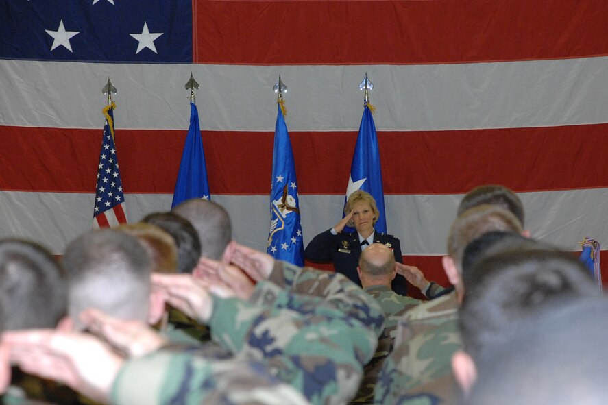 Col. Linda R. Medler, 75th Air Base Wing commander, receives her first salute as the commander by the members of the 75th ABW. (U.S. Air Force photo by Alex R. Lloyd)
