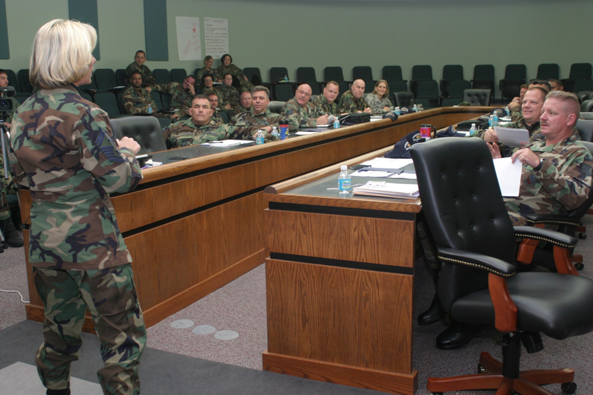 Skillful and effective communications skills are important qualities of a good leader. Successful communication often requires and understanding of both the sender’s and receiver’s communication styles and perspectives. Senior Master Sgt. Honey Lane, 93rd Fighter Squadron first sergeant and 482nd Fighter Wing Human Resources Development Council member, talks to 45 Airmen of the 482nd FW who attended a HRDC Leadership Development Seminar Jan. 4. Sergeant Lane administered a communication perspective self-test to attendees and discussed differences between communications styles and expectations. (U.S. Air Force photo/Tech. Sgt. Paul Dean)