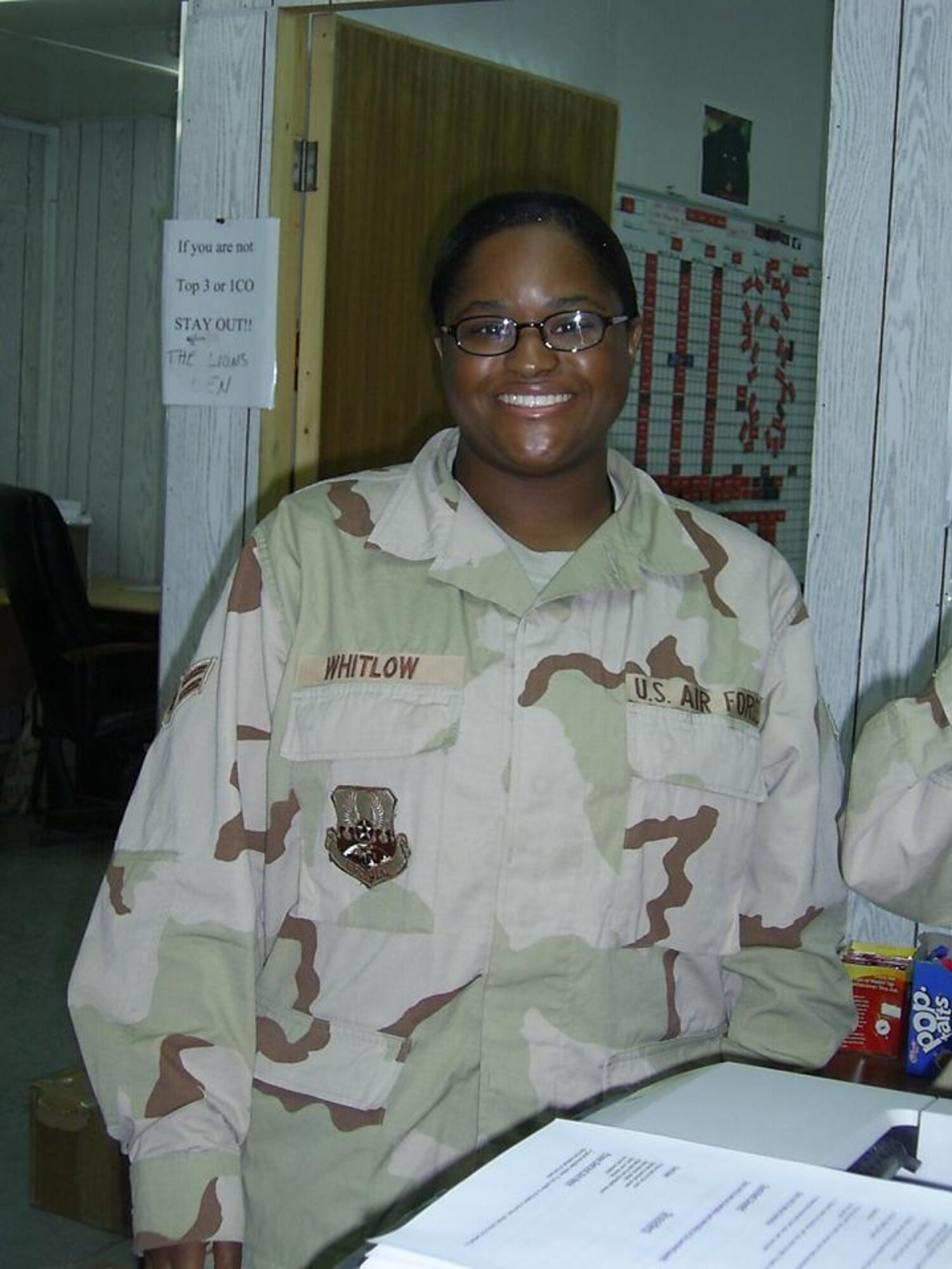 BALAD AIR BASE, Iraq – Airman 1st Class Rachael Whitlow, 22nd Expeditionary Fighter Squadron aviation resource management, received a unique Christmas gift, a phone call from Pres. George W. Bush thanking her for service to the country. Airman Whitlow is deployed from Spangdahlem Air Base, Germany. (Courtesy photo)
