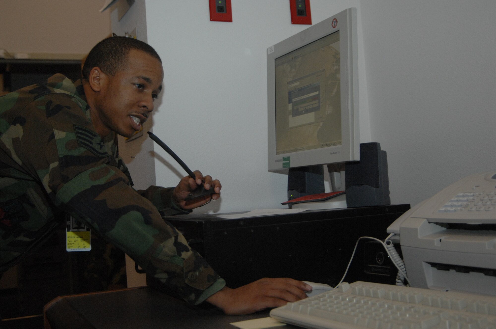 MOUNTAIN HOME AIR FORCE BASE, Idaho --Staff Sgt. Franklin Freeman serves as a controller and as the non-commissioned officer in charge of console operations for the 366 Fighter Wing Command Post. (U.S. Air Force photo/ Senior Airman Megan P. Lyon)
