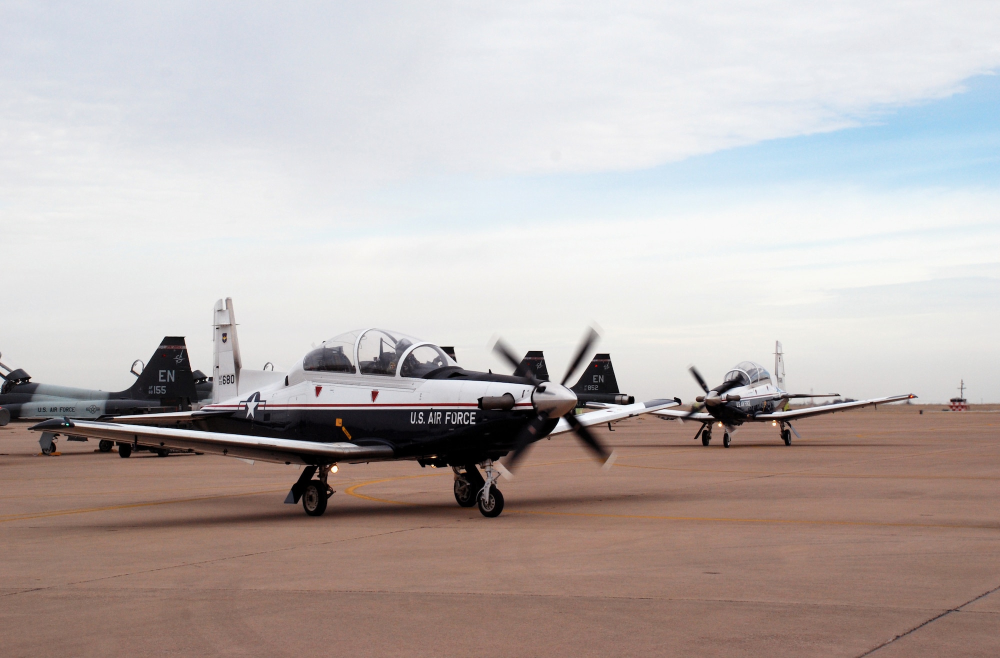 Col. David Petersen, 80th Flying Training Wing commander and Maj. Jeff Grayson, 97th Flying Training Squadron chief of training, taxi in to Sheppard Jan. 4. They traveled to Randolph Air Force Base, Texas, to retrieve the first T-6A Texan II's in Sheppard’s inventory. (U.S. Air Force photo/Airman 1st Class Jacob Corbin)