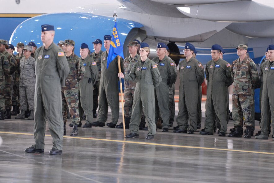 The operations group members stand ready to start the change of command ceremony for the new commander of the 932nd Airlift Wing, Col. John (Jay) C. Flournoy, Jr.  Photo/TSgt. Danny Oliver
