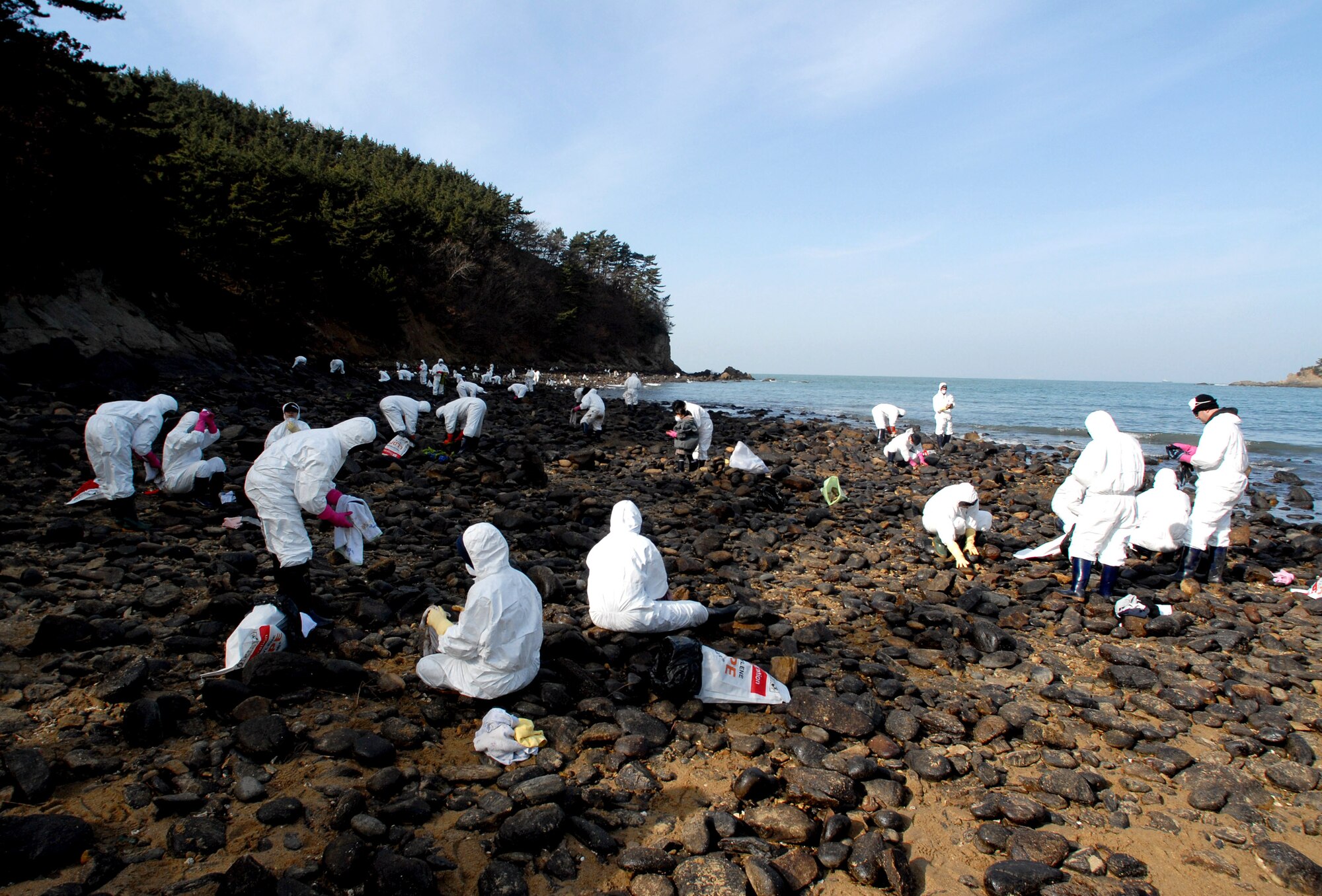 Airmen and Soldiers from Kunsan Air Base, South Korea, along with Korean nationals, clean rocks after a crude oil spill from a crane barge Dec.7. Over 200,000 volunteers assisted with the clean up of 2.7 million gallons of oil. (U.S. Air Force photo/Senior Airman Steven R. Doty)