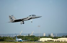 An F-15A Eagle returns to Hickam Air Force Base, Hawaii Jan 9. after flying a mission for currency. The F-15s, from the 199th Fighter Squadron, 154th Wing, Hawaii Air National Guard, have not flown since the Air Force grounded their F-15 fleet Nov. 3, 2007. Air Combat Command cleared a portion of its F-15 A-D models to begin flying today. (U.S. Air Force photo/ Tech. Sgt. Shane A. Cuomo)
