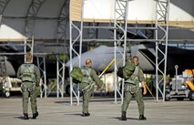 Pilots walk to their F-15A Eagles Jan 9. at Hickam Air Force Base, Hawaii to begin flying for their currency training. The pilots, from the 199th Fighter Squadron, 154th Wing, Hawaii Air National Guard, have not flown since the Air Force grounded their F-15 fleet Nov. 3, 2007. Air Combat Command cleared a portion of its F-15 A-D models to begin flying today. (U.S. Air Force photo/ Tech. Sgt. Shane A. Cuomo)