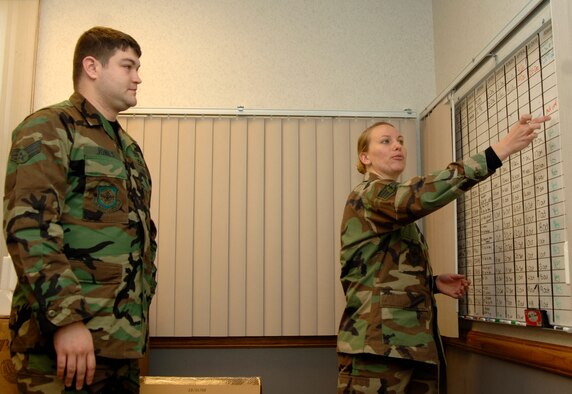 MCCONNELL AIR FORCE BASE, Kan. -- Staff Sgt. Heather McConney, 22nd Air Refueling Wing Judge Advocate, trains Senior Airman Mitchell Jones, 22nd Air Refueling Wing Judge Advocate, at the Legal office, Dec. 19. Military Justice is a section of legal that oversees Article 15, court martial, discharges and dependent crimes on base.  (Photo by Airman 1st Class Roy Lynch III)