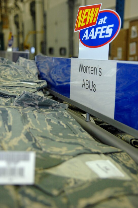 The Army and Air Force Exchange Service (AAFES) at Ellsworth Air Force Base, S.D., is stocked with new Airman Battle Uniforms (ABU), Jan. 09, 2008.  The ABU will be available for purchase to the general base population for the first time starting Friday at 9 A.M., for more information contact AAFES at 923-4774.  (U.S. Air Force photo/Staff Sgt. Michael B. Keller)