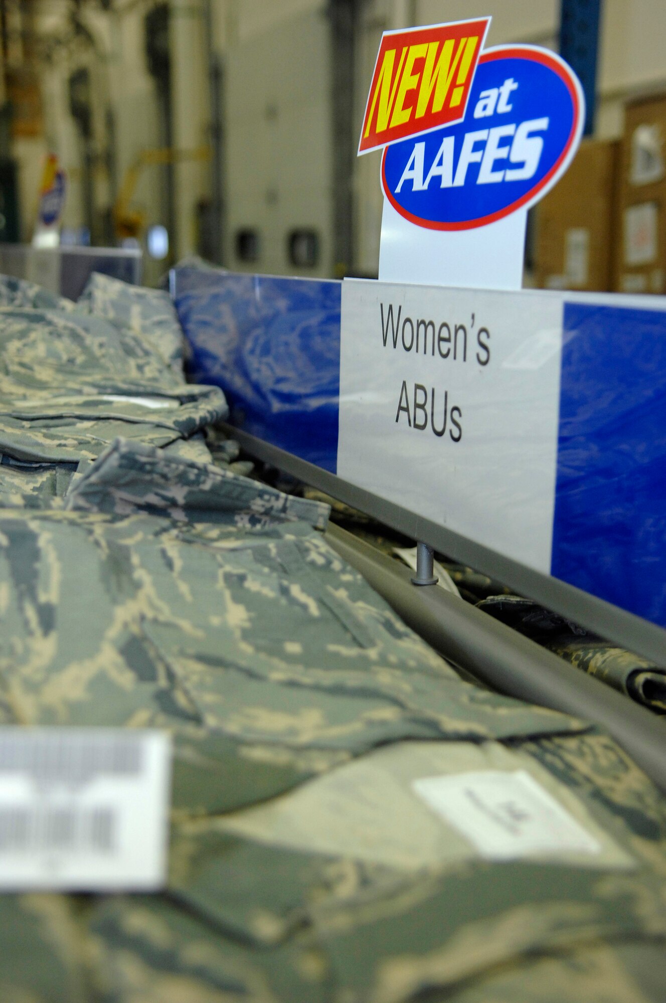 The Army and Air Force Exchange Service (AAFES) at Ellsworth Air Force Base, S.D., is stocked with new Airman Battle Uniforms (ABU), Jan. 09, 2008.  The ABU will be available for purchase to the general base population for the first time starting Friday at 9 A.M., for more information contact AAFES at 923-4774.  (U.S. Air Force photo/Staff Sgt. Michael B. Keller)