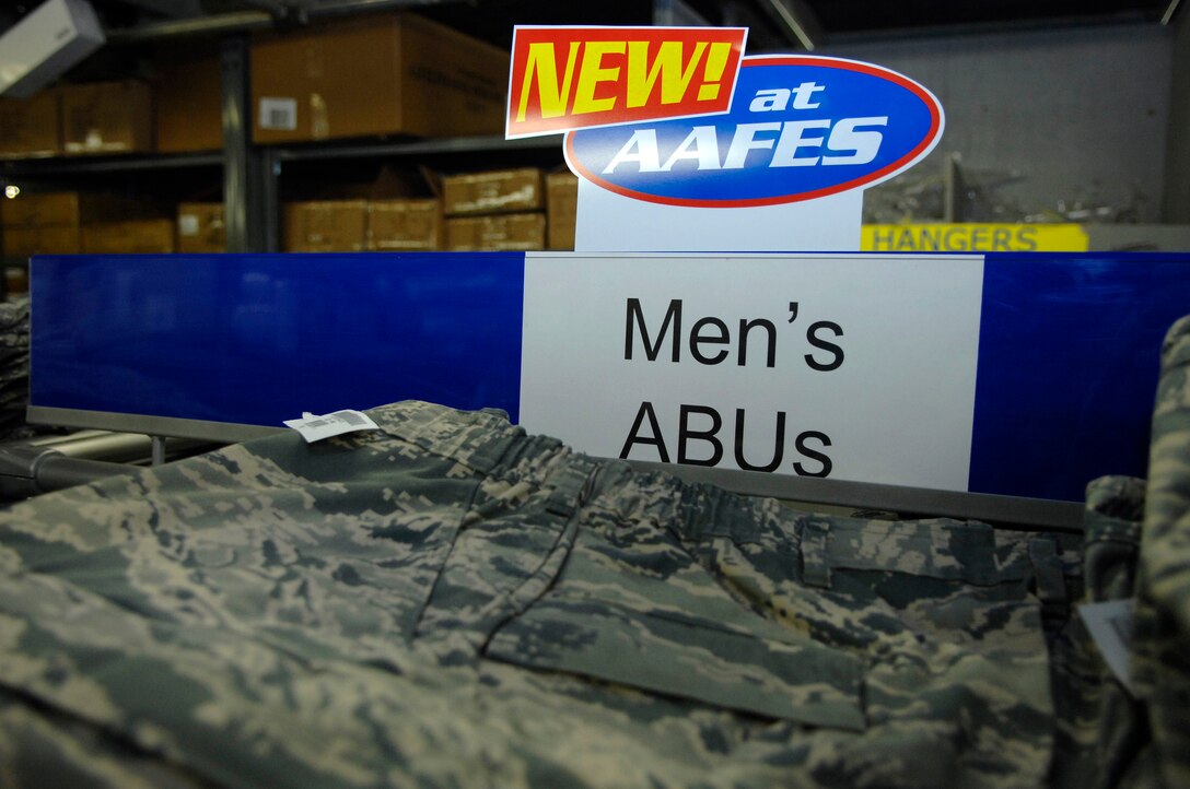 The Army and Air Force Exchange Service (AAFES) at Ellsworth Air Force Base, S.D., is stocked with new Airman Battle Uniforms (ABU), Jan. 09, 2008.  The ABU will be available for purchase to the general base population for the first time starting Friday at 9 A.M., for more information contact AAFES at 923-4774.  (U.S. Air Force photo/Staff Sgt. Michael B. Keller)