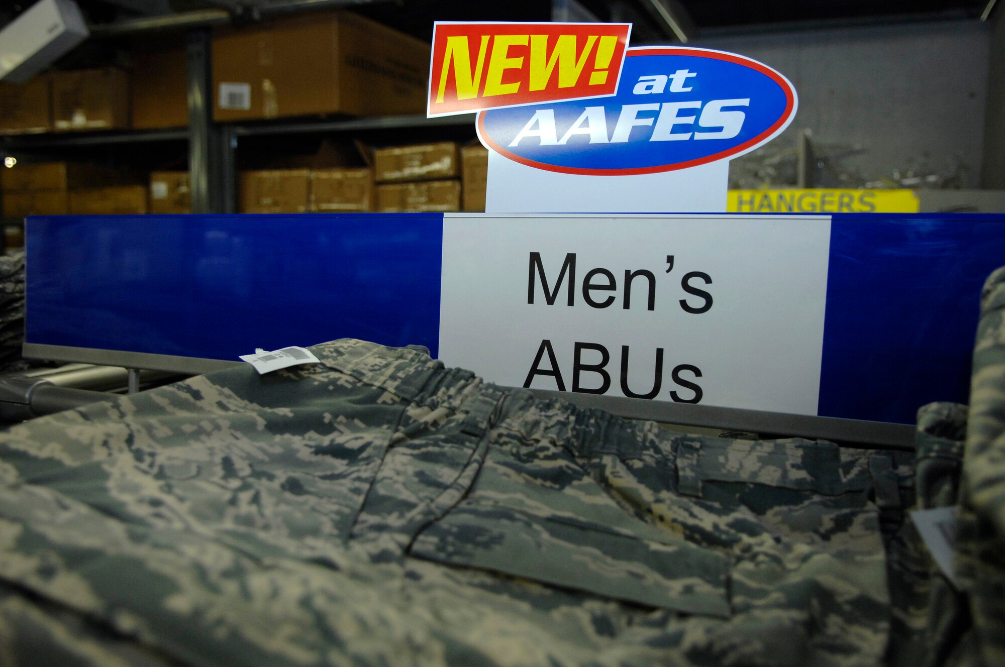 The Army and Air Force Exchange Service (AAFES) at Ellsworth Air Force Base, S.D., is stocked with new Airman Battle Uniforms (ABU), Jan. 09, 2008.  The ABU will be available for purchase to the general base population for the first time starting Friday at 9 A.M., for more information contact AAFES at 923-4774.  (U.S. Air Force photo/Staff Sgt. Michael B. Keller)