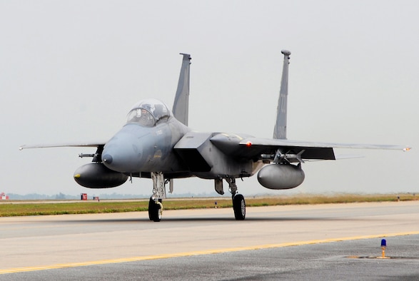 An F-15 Eagle taxis to the runway during a local operational readiness exercise at Kadena Air Base, Japan.  (U.S. Air Force photo/Tech Sgt. Dave DeRemer)