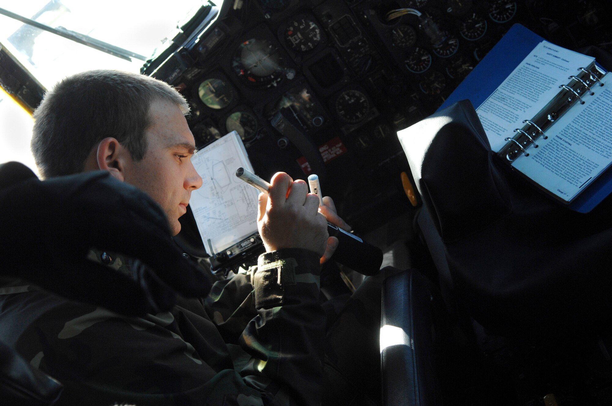 Staff Sgt. James O'Neal prepares for an engine run on an HC-130P Combat King Jan. 3 at Moody Air Force Base, Ga. Engines that have monitoring instruments replaced must be ran to ensure they are providing the proper readings. Sergeant O'Neal is assigned to the 723rd Aircraft Maintenance Squadron. (U.S. Air Force photo/Airman 1st Class Gina Chiaverotti)
