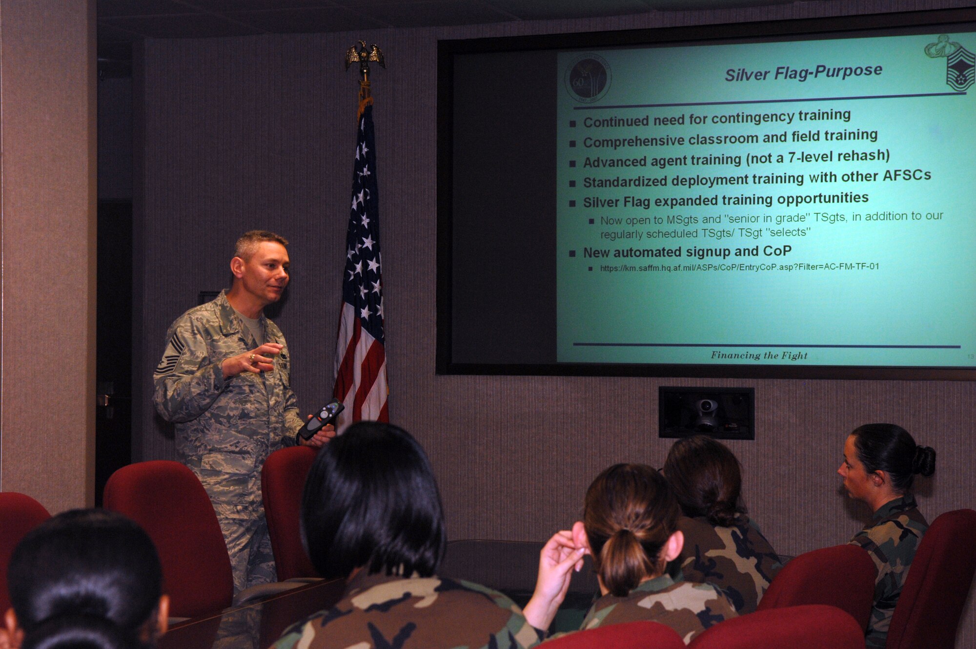 WHITEMAN AIR FORCE BASE, Mo. - Chief Master Sgt. Joseph Banks talks to members of the 509th Comptroller Squadron about career field transformation, professional development and assignments Dec. 21. Chief Banks is the Executive for Enlisted Matters for the Assistant Secretary of the Air Force for Financial Management & Comptroller. (U.S. Air Force photo/Airman 1st Class Stephen Linch)