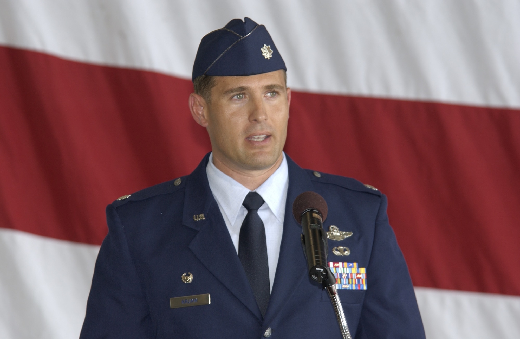 Lieutenant Colonel David Krumm, 43rd Fighter Squadron commander,
pictured here as he takes command of the squadron in August 2006, was recently selected for the new Chief of Staff of the Air Force Fellows program.  (Courtesy photo)