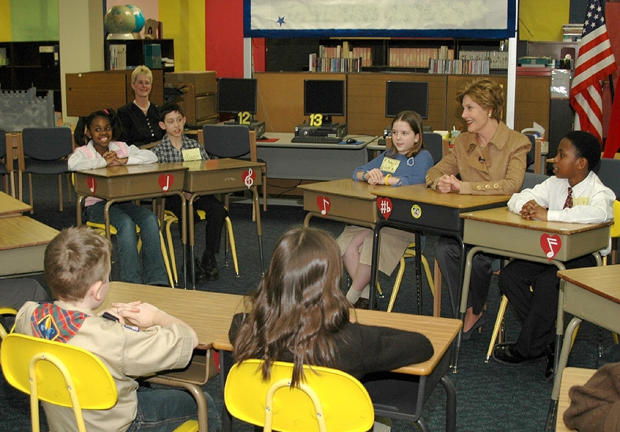 First Lady Laura Bush with DoDDS-E students. (courtesy photo)