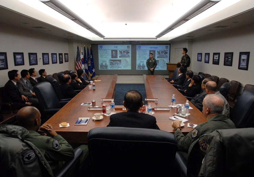 OSAN AIR BASE, South Korea -- Mayor of Gunsan City, Dong Shin Moon (front
center), and other Gunsan City leaders meet with Lt. Gen Stephen Wood, 7th
Air Force Commander (front right), and Colonel CQ "Wolf" Brown, 8th Fighter
Wing commander (front left), here Jan. 8. The leadership of 7th Air Force
hosted Gunsan civic leaders at Osan Air Base in support of the Good Neighbor
Program where Kunsan Air Base is educating local civic leaders on the Air
Force, 7th AF and 8th Fighter Wing missions while demonstrating how we work
and train with our Korean allies to maintain peace and stability in the
region. (U.S. Air Force photo/Senior Airman Steven R. Doty)
