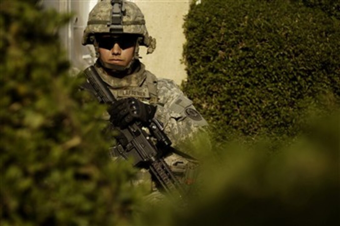 U.S. Army Spc. David LaFrenier pauses between two hedges during a presence patrol in the Dora district of Baghdad, Iraq, on Dec. 14, 2007.  LaFrenier is attached to the Armyís 2nd Squadron, 2nd Stryker Cavalry Regiment.  