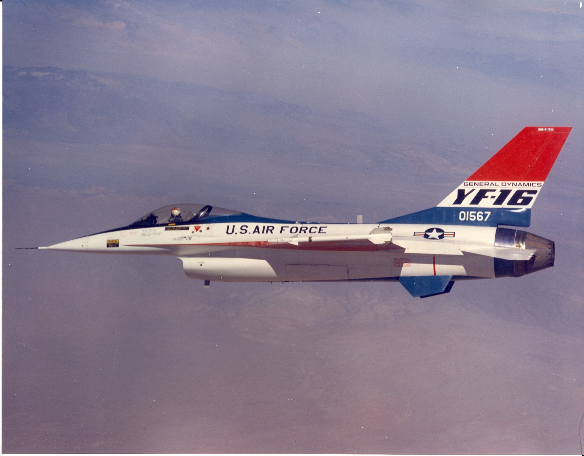 Employing "fly-by-wire" technology, the prototype General Dynamics YF-16 completed its first flight over Edwards Air Force Base, Calif., Feb. 2, 1974. The aircraft went on to win a fly-off competition against the Northrop YF-17 for an Air Force lightweight multi-role fighter contract. The F-16 Fighting Falcon would also fly for allied nations around the world. (Courtesy photo)