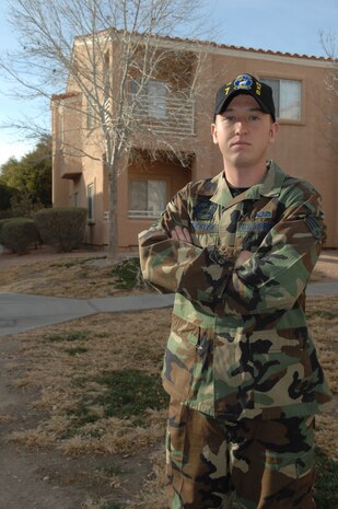 Senior Airman Cory Strickler, a 57th Aircraft Maintenance Squadron crew chief, stands 50 yards from where he saved his roommate’s life at their Las Vegas apartment, Jan. 9. Airman Strickler provided self aid and buddy care to his roommate who was shot in their home Dec. 6, 2007. (U.S. Air Force photo by Senior Airman Nadine Barclay)