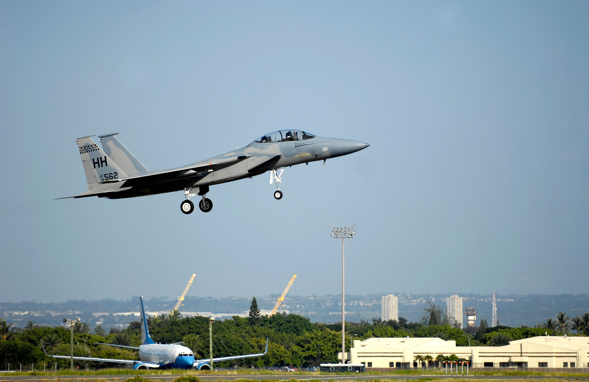 An F-15 Eagle prepares to land after flying a mission Jan. 9 at Hickam Air Force Base, Hawaii. The F-15s, from the 199th Fighter Squadron of the Hawaii Air National Guard, have not flown since Air Force officials grounded the F-15 fleet Nov. 3, 2007. Air Combat Command officials cleared a portion of its F-15 A through D models to begin flying today. (U.S. Air Force photo/Tech. Sgt. Shane A. Cuomo) 
