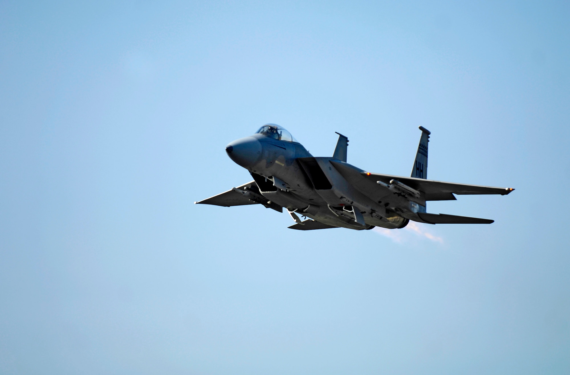 An F-15 Eagle takes off Jan. 9 from Hickam Air Force Base, Hawaii. The F-15s, from the 199th Fighter Squadron of the Hawaii Air National Guard, have not flown since Air Force officials grounded the F-15 fleet Nov. 3, 2007. Air Combat Command officials cleared a portion of its F-15 A through D models to begin flying Jan. 9. (U.S. Air Force photo/Tech. Sgt. Shane A. Cuomo) 
