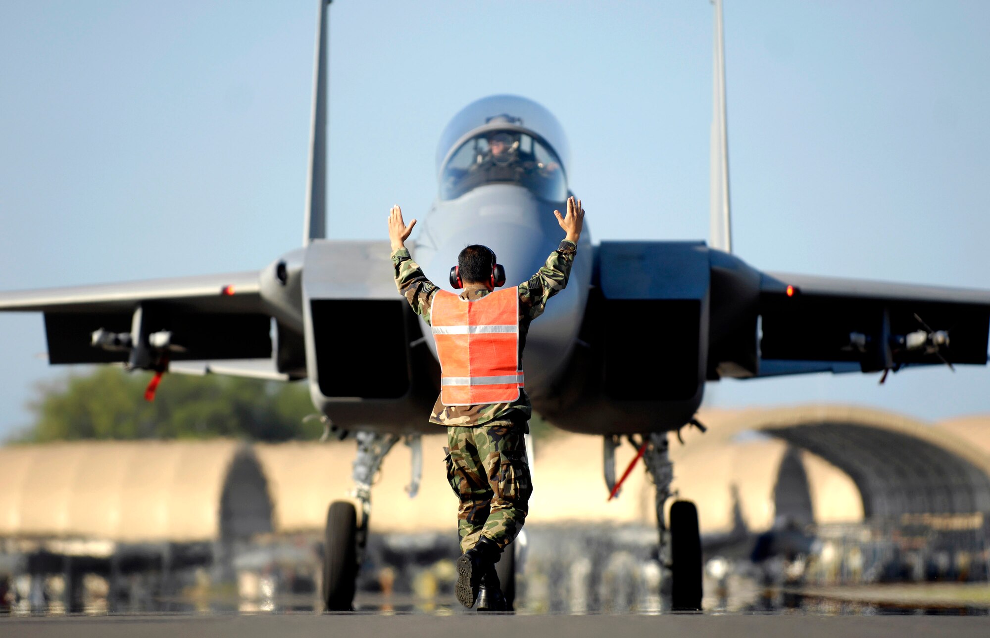 A weapons loader marshals an F-15 Eagle into position Jan. 9 at Hickam Air Force Base, Hawaii. The F-15s, from the 199th Fighter Squadron of the Hawaii Air National Guard, have not flown since Air Force officials grounded the F-15 fleet Nov. 3, 2007. Air Combat Command officials cleared a portion of its F-15 A through D models to begin flying Jan. 9. (U.S. Air Force photo/Tech. Sgt. Shane A. Cuomo) 
