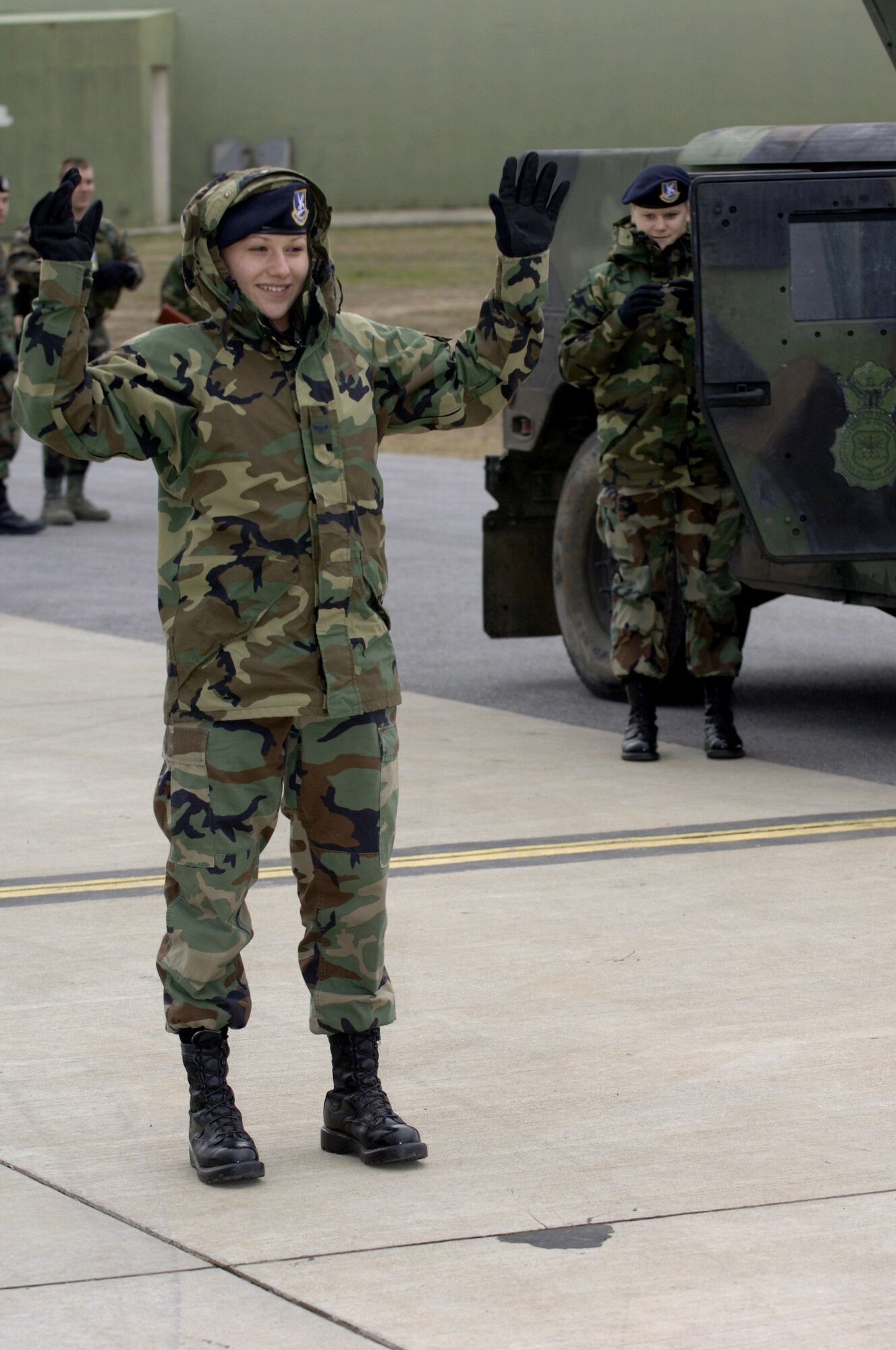 Airman Brandi Kleb, right, and Airmen Sara Lyons, left, 39th Security Forces, practice challenging each other as part of the 39 SFS localized training program for first term Airmen, Jan. 7. This training allows new 39 SFS Airmen the chance to solidify their skills before entering their new real-world work environment. (U.S. Air Force photo by Airman 1st Class Nathan Lipscomb)