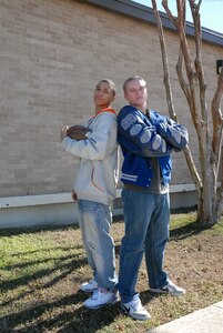 Aaron Applewhite (left) and Lance Copeland, both Randolph High School seniors, were selected to the class 2A All-State football team. Photo by Airman 1st Class Katie Hickerson 
