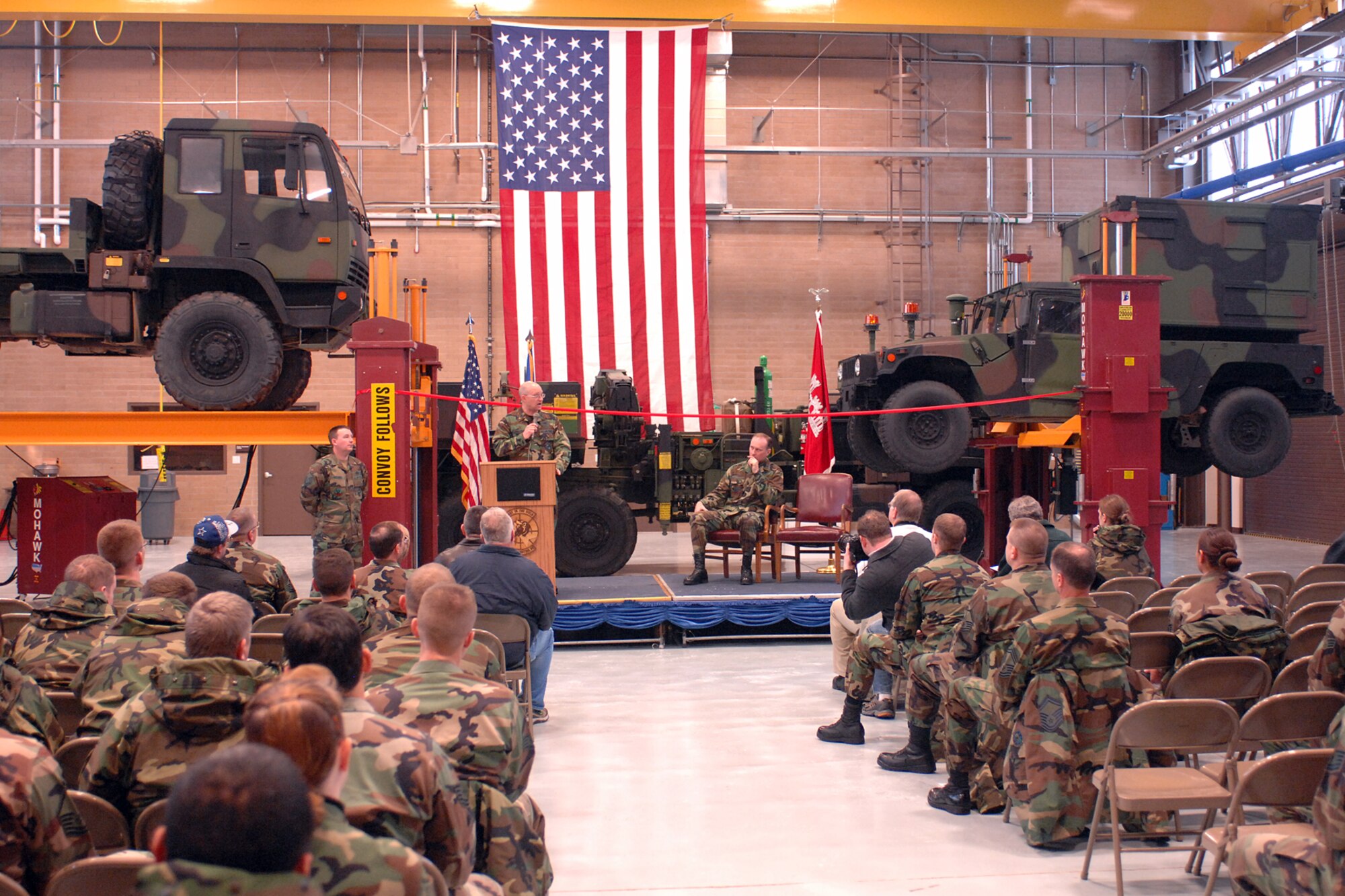729th Air Control Squadron Commander, Lt. Col. William Golladay, addresses an audience at a Jan. 10 ceremony that marked the opening of the unit's vehicle maintenance bay, operations center and radar tower facilities.  (U.S. Air Force photo by Alex Lloyd)  