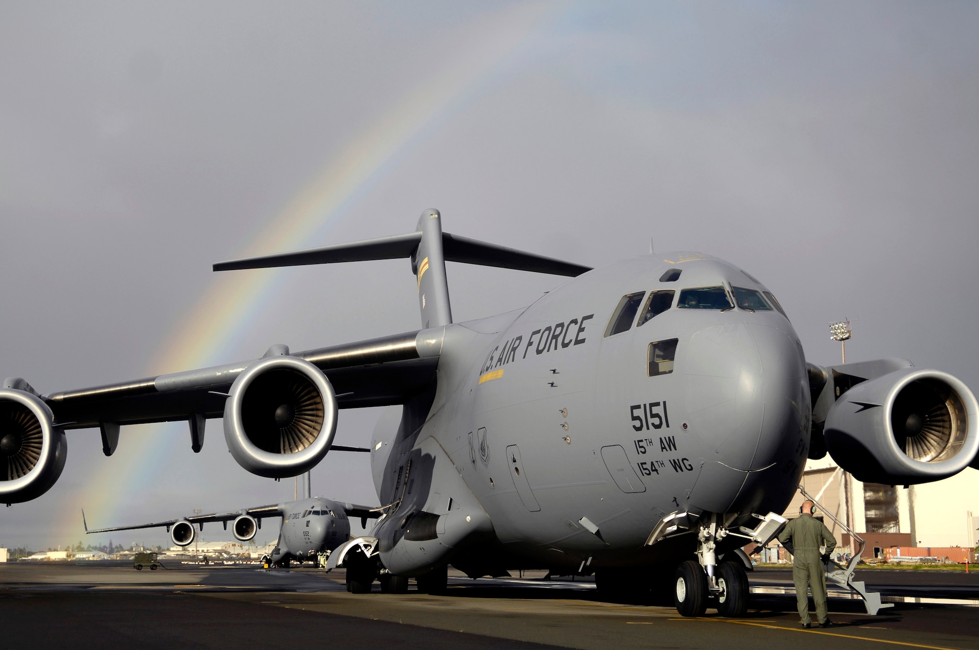 Staff Sgt. John Eller conducts pre-flights check on his C-17 Globemaster III Jan. 3 prior to taking off from Hickam Air Force Base, Hawaii for a local area training mission.  Sgt. Eller is a loadmaster from the 535th Airlift Squadron. (U.S. Air Force photo/Tech. Sgt. Shane A. Cuomo)