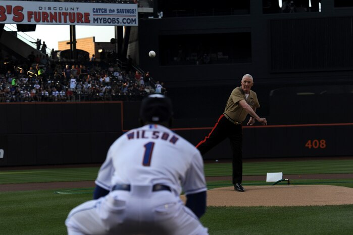 NEW YORK -- Major Gen. Richard Mills, a Huntington, N.Y., native delivers the 'First Pitch' during military appreciation night at Citi Field May 2011. The USO of New York and the Mets host Military Appreciation Day during the Memorial Day ballgame against the Pittsburgh Pirates. Fleet Week has been New York City's celebration of the sea services since 1984. It is an unparalleled opportunity for citizens of New York and the surrounding tri-state area to meet Sailors, Marines, and Coast Guardsmen, as well as see, first-hand, all the latest capabilities of today's maritime services.  (U.S. Navy photo by Mass Communication Specialist 1st Class W. B. Swoboda/RELEASED).