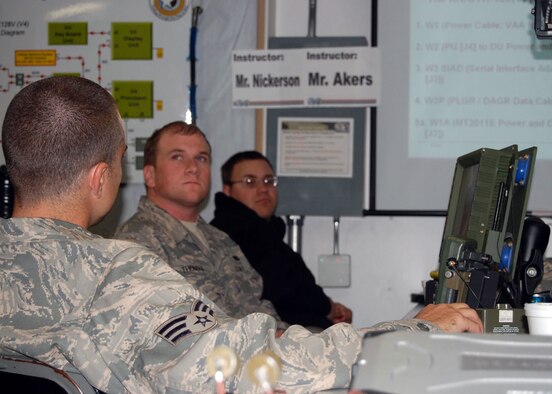 FORT BRAGG, N.C. - Senior Airmen Dave Thomas (middle, facing) and Brian Haney (facing away) participate in Blue Force Tracker maintenance training at Ft. Bragg’s Battle Command Training Center. The BFT system uses the tactical internet, aided by satellite communications links when terrain features interrupt line-of-sight communication.  That constant flow of information puts leaders at all levels on the same page. Airman Thomas, deployed from Ramstein AB, Germany, and Airman Haney, deployed from Luke AFB, Ariz., will serve as communications technicians for PRT Gardez. (U.S. Air Force photo/Capt. Ken Hall)