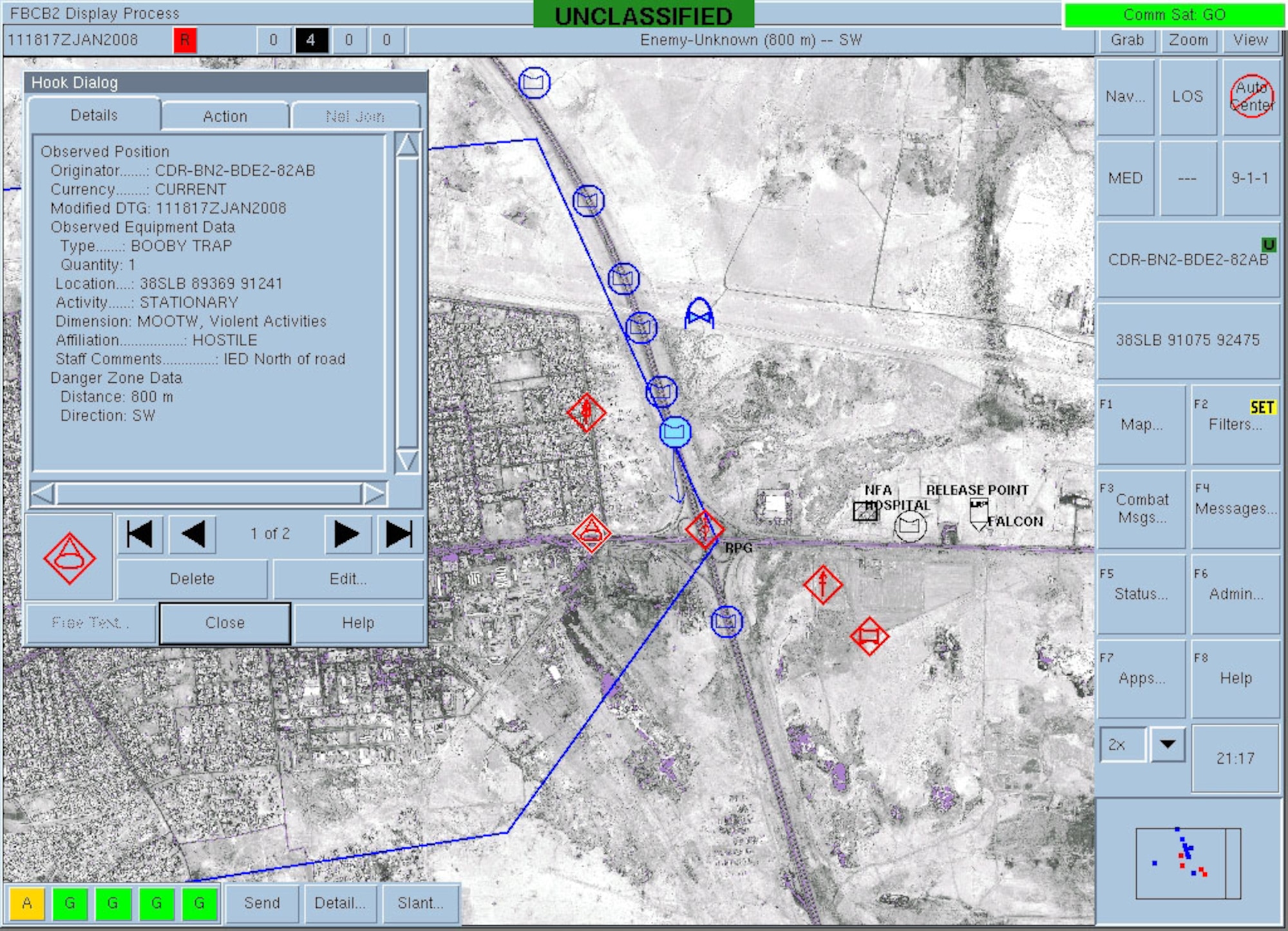FORT BRAGG, N.C. - A screen capture from the Blue Force Tracker training at Ft. Bragg’s Battle Command Training Center reflecting imagery and simulated overlays at the intersection of Highways 1 and 10 near Fallujah in Iraq. The system uses the tactical internet, aided by satellite communications links when terrain features interrupt line-of-sight communication. In the overlay, both friendly and enemy forces and equipment can be seen as well as a recent IED attack. (U.S. Air Force photo illustration/Ret. Master Sgt. Bernie Kabis)