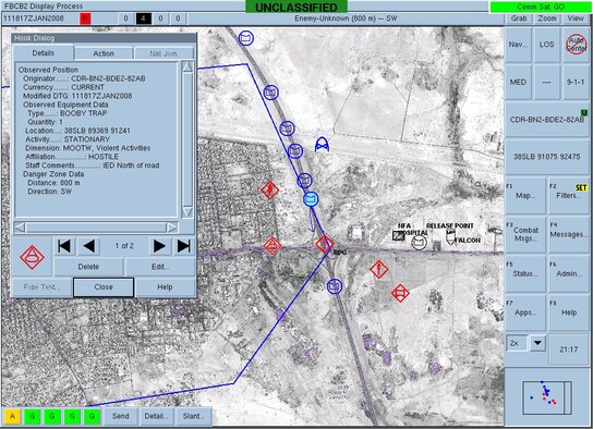 FORT BRAGG, N.C. - A screen capture from the Blue Force Tracker training at Ft. Bragg’s Battle Command Training Center reflecting imagery and simulated overlays at the intersection of Highways 1 and 10 near Fallujah in Iraq. The system uses the tactical internet, aided by satellite communications links when terrain features interrupt line-of-sight communication. In the overlay, both friendly and enemy forces and equipment can be seen as well as a recent IED attack. (U.S. Air Force photo illustration/Ret. Master Sgt. Bernie Kabis)