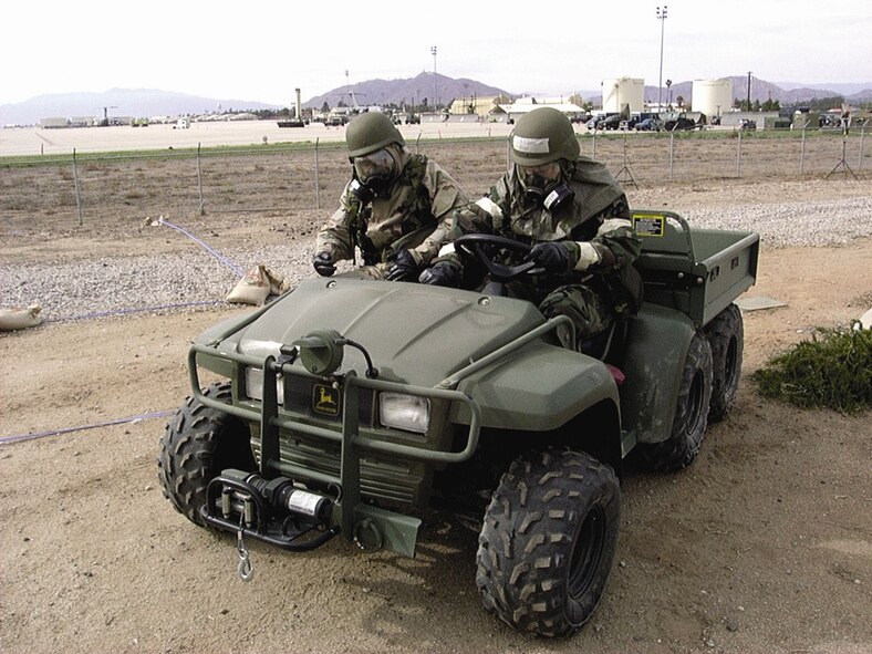 Staff Sgt. Samuel Leventer and Senior Airman Joel Aspeytia, emergency management technicians from the 452nd Civil Engineering Squadron’s Emergency Management Flight, are conducting Post Attack Reconnaissance during March ARB’s
Operational Readiness Exercise in April. The actual graded inspection will take place February 2008. (U.S. Air Force photo)
