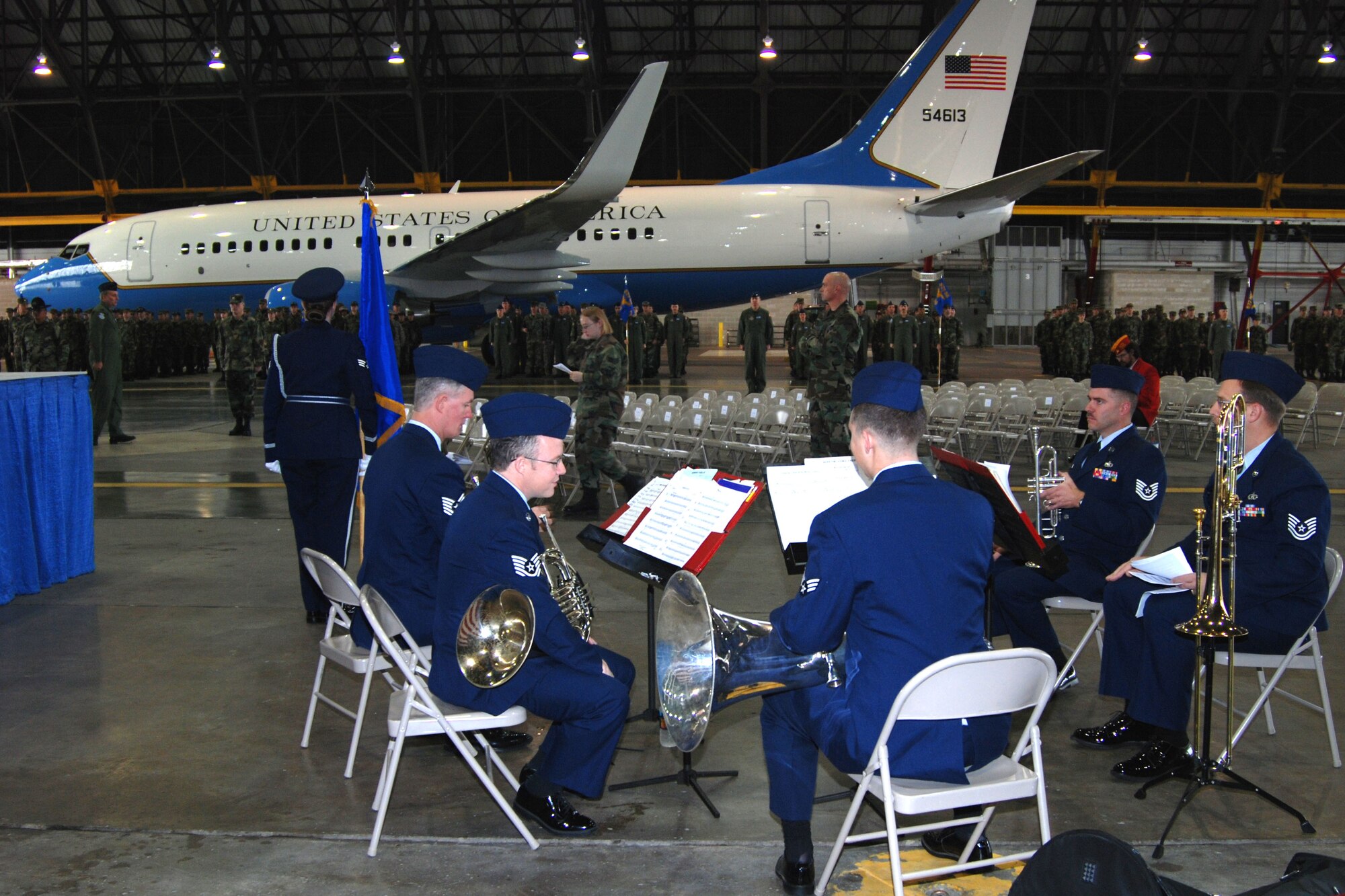The Air National Guard Band of the Central States practices just before the 932nd Airlift Wing welcomes its new commander, Col. John (Jay) C. Flournoy, Jr.  Photo/Tech Sgt. Gerald Sonnenberg