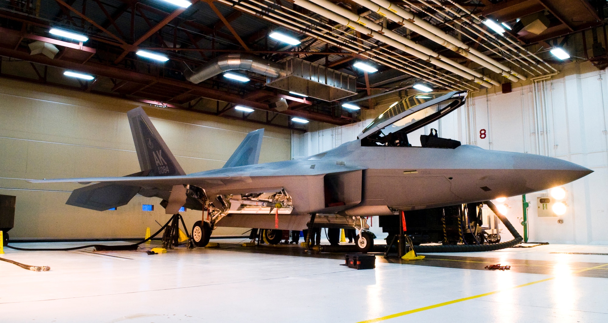 ELMENDORF AIR FORCE BASE, Alaska - An F-22A Raptor is raised off the hangar floor during maintenance procedures Jan. 13, 2008. (U.S. Air Force photo/Senior Airman Garrett Hothan)