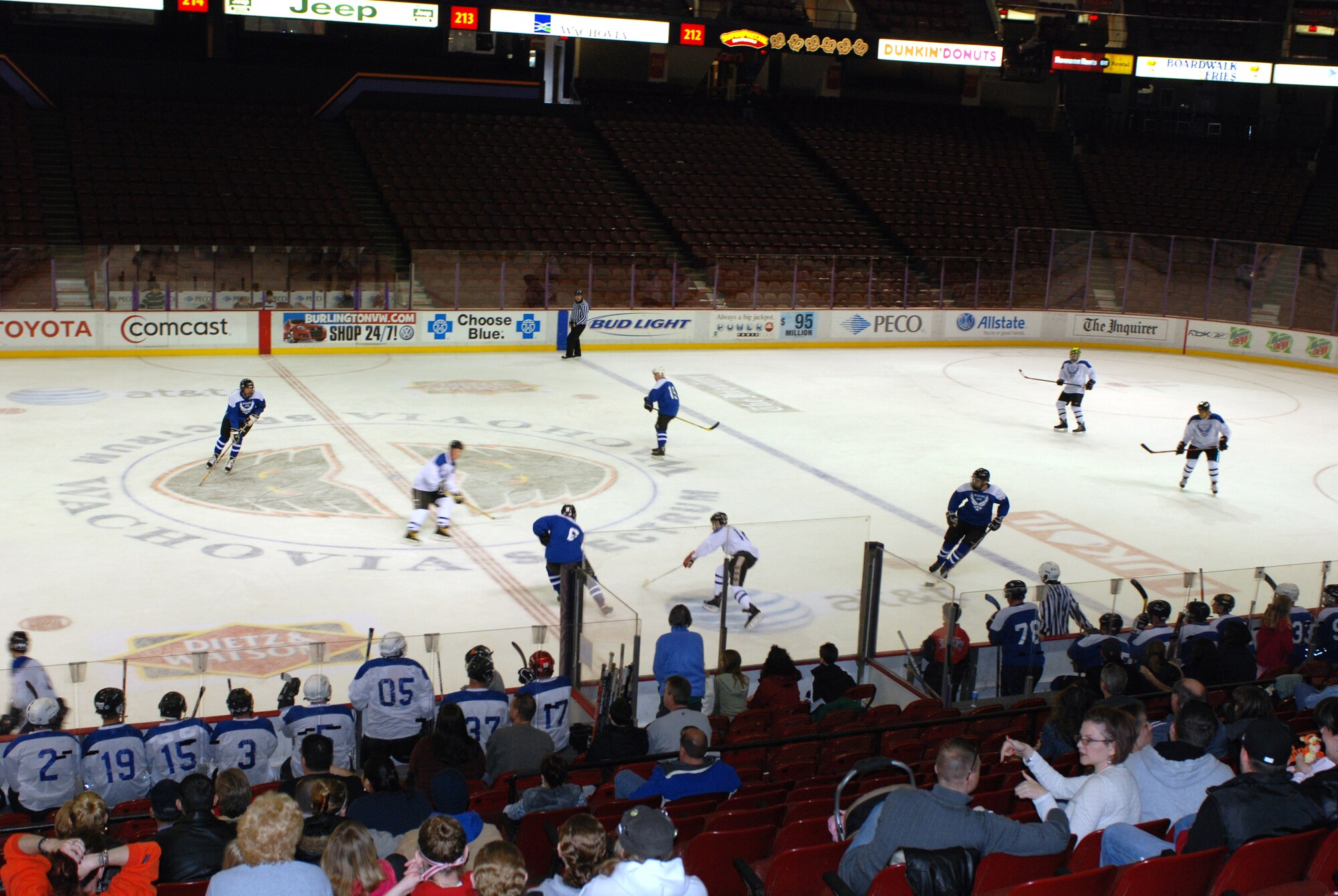 Members of Dover Air Force Base and McGuire Air Force Base hockey teams raised $1,500 for the Combined Federal Campaign in a charity hockey match in Philadelphia Jan. 13. The game, held prior to the Philadelphia Phantoms match, ended with a Dover victory 9-4. Dover's team was comprised of active-duty, reservists and civilians from the 436th and 512th Airlift Wings. About 300 friends and family members of the two wings attended the charity event. (U.S. Air Force photo/Staff Sgt. Steve Lewis)