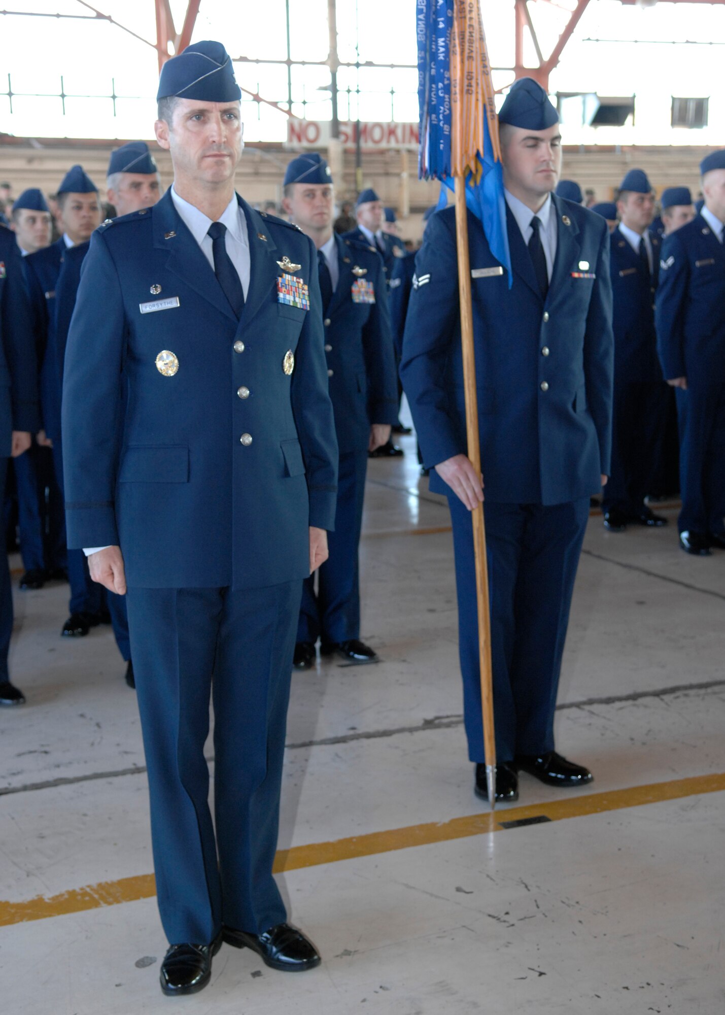 Airmen stand in formation during the 49th Fighter Wing change of command ceremony, Holloman Air Force Base, N.M. on Jan. 11, 2008. Col. Jeffrey Harrigian assumed command for  Brig. Gen. David Goldfein. (U.S. Air Force photo/Airman 1st Class Rachel A. Kocin)