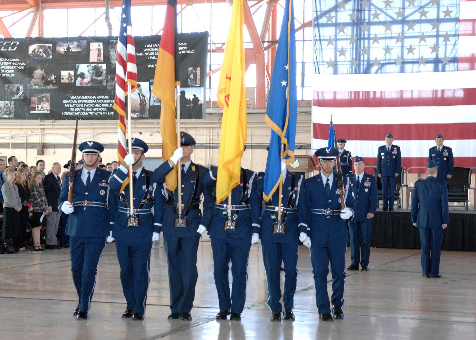 The Honor Guard post the colors during the 49th Fighter Wing change of command ceremony, Holloman Air Force Base, N.M. on Jan. 11, 2008. Col. Jeffrey Harrigian assumed command for Brig. Gen. David Goldfein. (U.S. Air Force photo/Airman 1st Class Rachel A. Kocin)